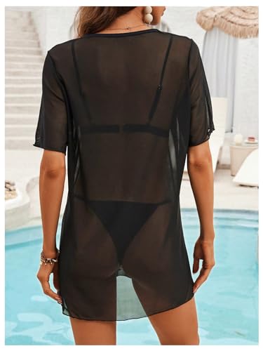 SweatyRocks Women's Sheer Mesh Short Sleeve Cover Ups Round Neck Summer Loose Beachwear Shirt2