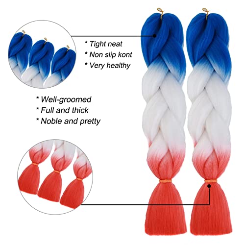 Colored Ombre Jumbo Braiding Hair Extensionssynthetic Twist Braids Crochet Synthetic Fiber For Twist Braiding Hair Extension(3Pcs/Lot Blue/White/Red-Orange Red As Showing) #TOP2