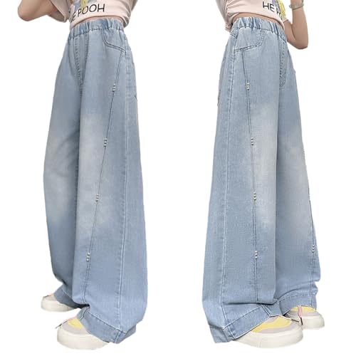 Tween Girls Baggy Jeans-Wide Leg Pearl Denim Pants with Pockets, Fashion Casual Elastic Waistband Jeans for Girls