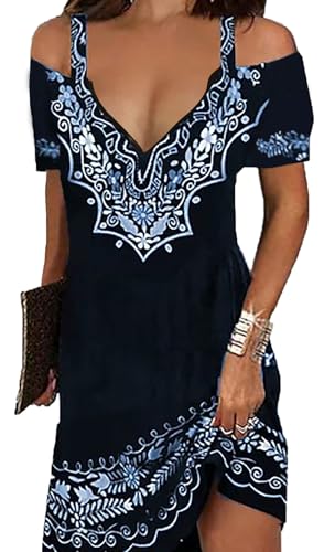 Image of Summer Dresses for Women 2026 Cold Shoulder V Neck Vintage Print A-Line Dress Beach Vacation Boho Mini Sundress