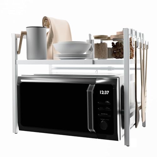 YFFSFDC レンジ上ラック レンジ置き台 伸縮式 幅36-65cm 耐荷重50kg 棚高さ調節可 トースターラック キッチン収納 フック4個付き スリム設計 (ホワイト)