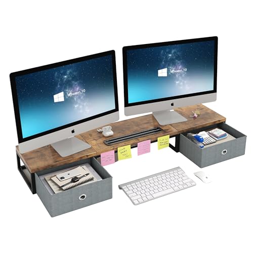 CAIYUN Wooden Monitor Stand With 2 Drawers, Riser With Smartphone Holder, 100cm Long Computer Stand, Desk for Printer (Rustic Brown)