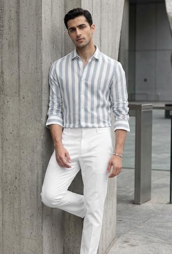 Image of IndoPrimo Men's Striped Cotton Shirt | Slim Fit Stylish Casual Shirt for Man | Full Sleeve Summer Wear Vertical Stripe Shirt for Office, Vacation