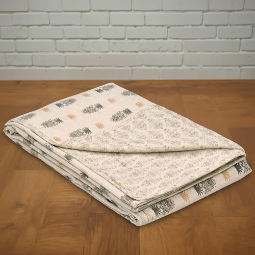 Image of HUESLAND 100% Cotton Reversible Dohar Single Bed Cotton | Soft Cambric Weave, Lightweight AC Blanket for Summer & All Weather Use | 56 x 89 inches, Botanical Fusion - Beige, Grey & Yellow