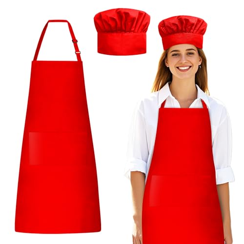 Red Chef Apron and Hat Set Chef Hat and Kitchen Apron with Front Pocket for Adult Adjustable Apron Baker Costume for Cooking Baking Grilling Restaurant Men Women Holiday Party Accessories