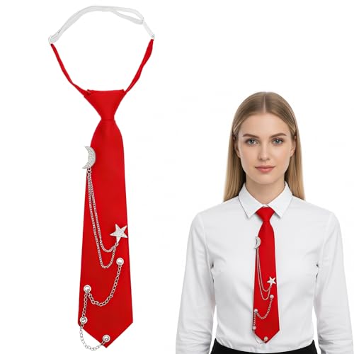 PEOVLVN Ties for Women Men Pre-Tied Adjustable Red Tie Punk Womens Tie with Chain Accessories for Uniform Emo Clothes Goth Accessories