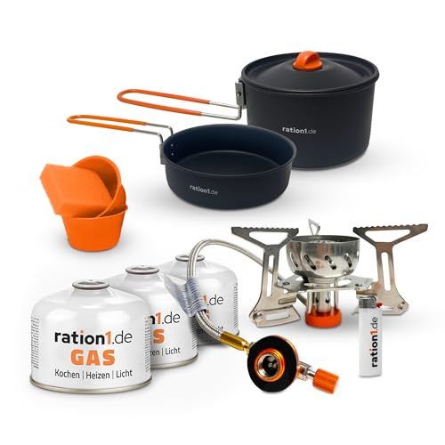 ration1 Camping Gaskocher Set - 7-teiliges Aluminium Topfset, 3...