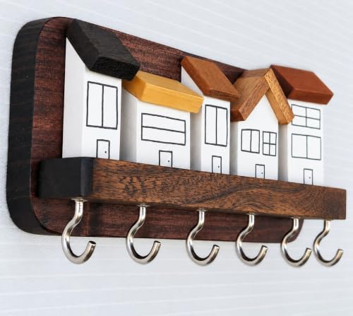 Image of 'Street' Hand Painted Wooden Key Holder for Home (4 Types of Wood). Key Hangers for wall Key Holder Stand Key Stand for wall Keychain Holder for wall (Street) Black (Houses)