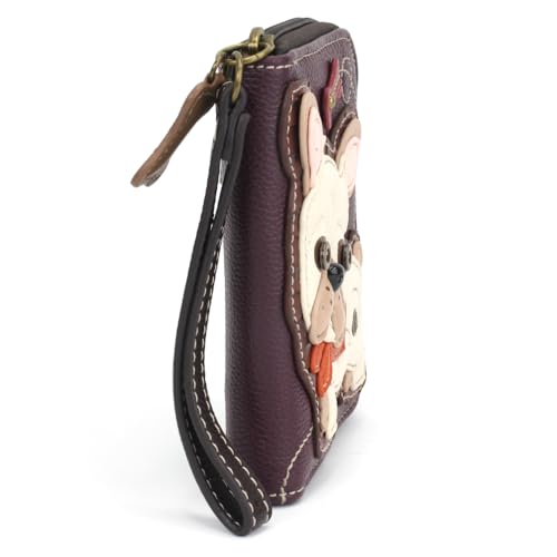 Image of CHALA Zip Around Wallet, Wristlet, 8 Credit Card Slots, Sturdy Pu Leather - French Bulldog - Plum