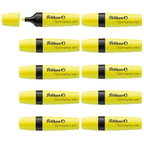 Pelikan 490 Highlighters, Neon Yellow, Water-Based Ink, Exam & Study Highlighters with Chisel Tip, Pack of 10 in box