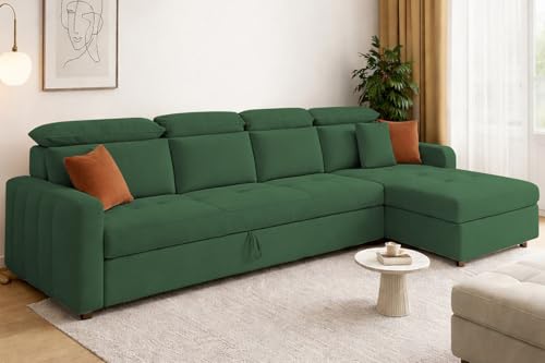 Image of Casaliving Gagnon RHS 6 Seater L Shape Corner Sofa Cum Bed for Living Room (Green Fabric) Premium Fabric Sofa