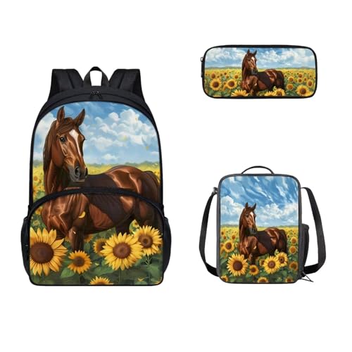Sunflower Horse School Backpack Set for Girls 6-8 Years Old, Large Capacity Middle School Bookbag Horse With Pencil Case And Lunch Insulation Box With Handles 3 Pack2