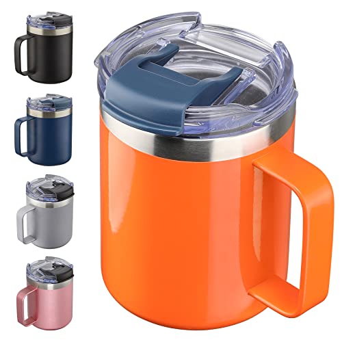 Image of 12oz Insulated Coffee Mug Cup with Handle, Stainless Steel Travel Coffee Mug with Flip Lid, Double Wall Vacuum Coffee Tumbler, Orange