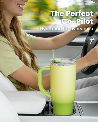 Image of Renoj Insulated Mug 100% Spill Resistant Insulated Water Bottle for Iced Coffee & Hot Drinks - Fits Car Cup Holder, Ideal Gift, 2 Straws & Silicone Boot - FlexSlide Green Gradient 32 oz