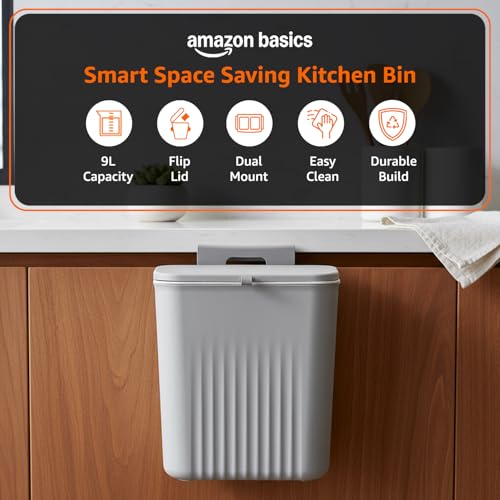 Image of Amazon Basics 9 Litre Kitchen Dustbin with Lid, Hanging Plastic Trash Can for Cabinet Door, Wall Mounted Garbage Bin, Double-Sided Open Design - Grey