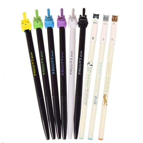 Lot de 9 stylos à encre noire de 0,5 mm chat | Cadeau papeterie original