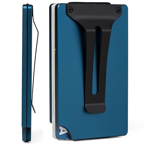 Image of Minimalist Carbon Fiber Wallet for Men, Money Clip Cash Strap Wallet, RFID Blocking Metal Wallet Aluminum Card Holder,Front Pocket Wallet(Matte Blue)