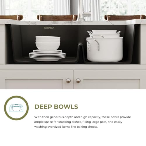 Image of EVANEX Quartz Kitchen Sink|Double Bowl Sink for Kitchen|Topmount /Undermount Kitchen Sinks|Black Double Sink with Connector, Waste Pipe, Coupling and Drain Basket|34x20x9 Granite Kitchen Sinks