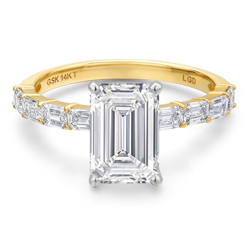 Gem Stone King 3.72 Cttw IGI Certified Lab Grown Diamond Engagement Ring For Women | 14K 2 Tone Gold | Center 3 Ct Emerald Cut | E-F Color | VS1-VS2 Clarity | Available in Size 5, 6, 7, 8, 92