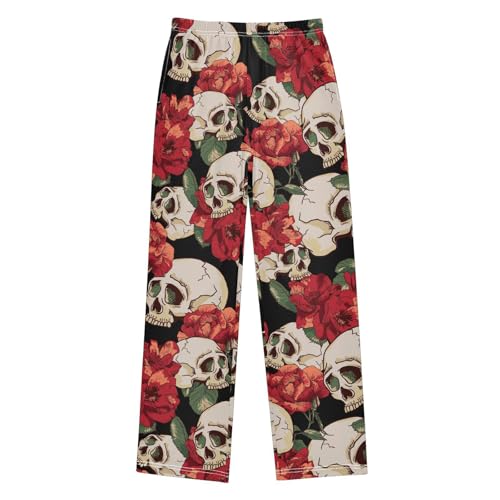Skull Red Flowers Boys Long Pants Soft Trousers Elastic Waist Kids Lounge Bottoms with Pockets S-XL