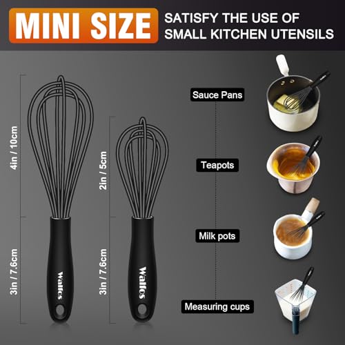 Image of Walfos Whisk 5+7in Mini Whisk,Silicone Whisks Non Scratch Heat Resistant (480F). Nice for stirring individual eggs and mixing small amounts of powder and sauce.Dishwasher Safe.Black