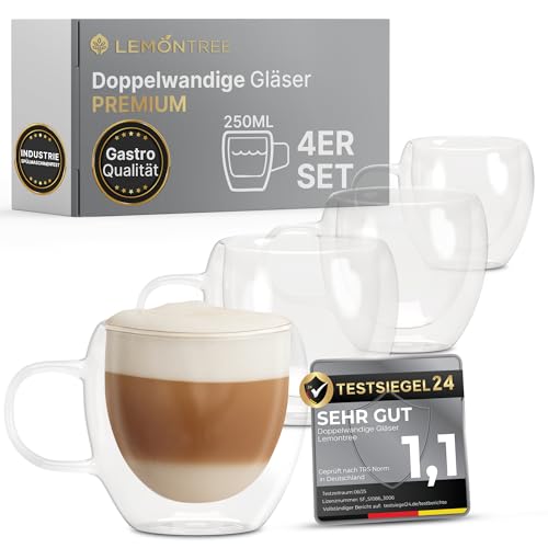 Lemontree 4er Set Cappuccino Tassen 250ml - 180 Grad spülmaschinenfest und hitzebeständig - Gastronomie Qualität - doppelwandige Gläser mit Henkel aus Borosilikatglas für Cappuccino Latte Macchiato