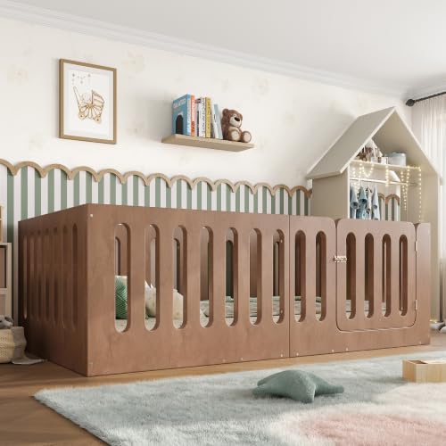 Image of Bellemave Twin Montessori Floor Bed Frame,Brown | Solid wood kids montessori floor bed with high safety fence & door, low to ground design for girls and boys