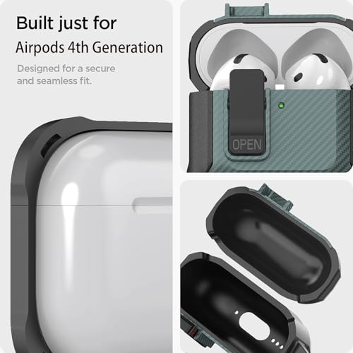 Image of Olytop for Airpods 4 Case with Lock Clip, Rugged Apple Airpods 4th Generation Cover 2024 Men Women, Armor Shockproof iPod 4 Gen Protective Hard Shell with Carabiner&Cleaner kit,CF Black /Green