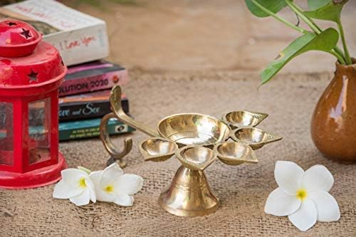 phareLamp Presents Brass Panch Aarti Diya Oil Lamp Handheld Pancharti Jyoti Deepak Stand As Puja Accessaries (21.5X15X9 cm, Golden) #A207