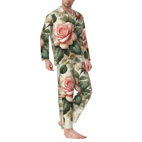 Mens Long Sleeves Pajama Set Floral-Plaid-Pink-Roses Cozy Two-Piece Loungewear For Nighttime Comfort,Casual Wear3