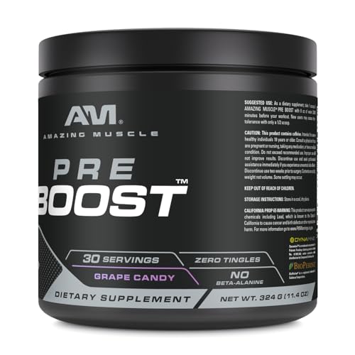 Image of Amazing Muscle Pre Boost | 30 Servings | 324 Grams Powder | Pre Workout Supplement | Made in USA (30 Servings, Natural Grape Candy)