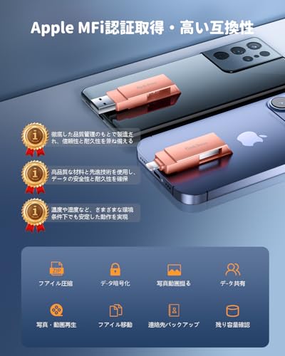 Vackiit 【MFi認証取得】iPhone用USBメモリー 256GB USB 3.0 iphone用外付けメモリ の商品画像 1