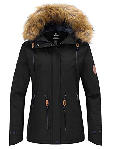 Wantdo Women's Waterproof Ski Jacket Windproof Coat with Faux Fur Collar Black L
