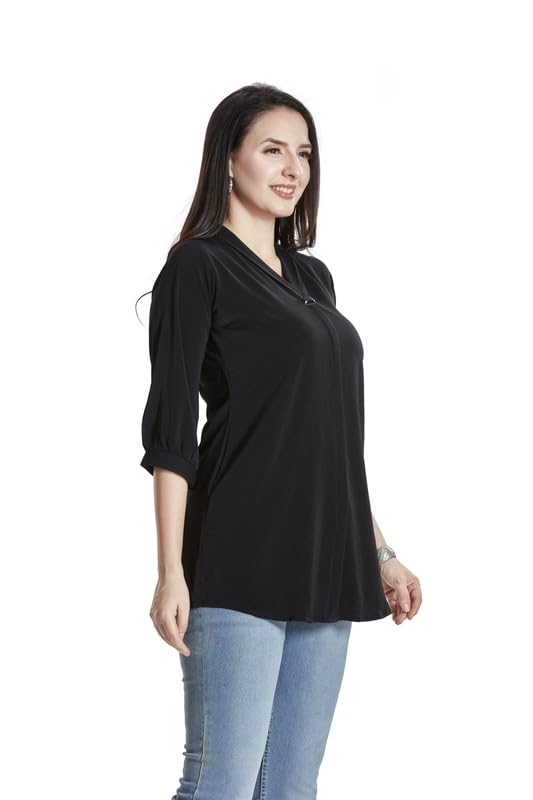 Image of nioni Women's Purple Poly Linen Blend Tunic Top with 3 /4 Sleeves, Printed Yoke, Kantha Stitch Detailing & Mandarin Collar