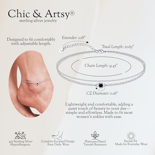 Image of CHIC & ARTSY 925 Sterling Silver Ankle Bracelets for Women, Adjustable Double Layer Chain Anklets, Minimalist Lightweight Foot Jewelry for Beach & Everyday Wear