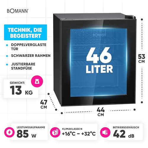 Bomann® Getränkekühlschrank für bis zu 55 Dosen | Kühlschrank mit Glastür 42db leise | 2 Ablagen | Kühlschrank Getränke 46L | Mini Kühlschrank Glastür | Minibar für Büro, Outdoor und Gaming | KSG 7291