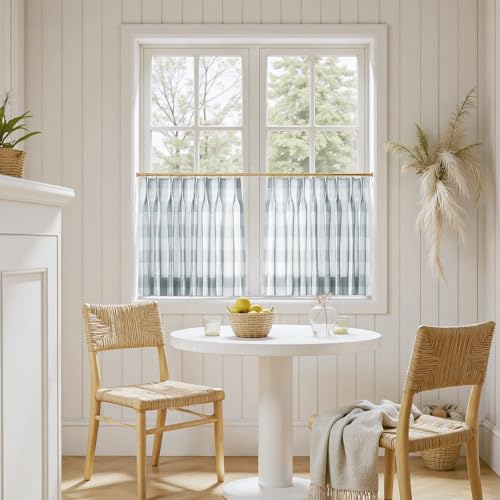 Image of TWOPAGES Pinch Pleat Cafe Curtains 30 Inch Long Buffalo Plaid Light Filtering Farmhouse Half Window Curtains for Bathroom (Light Blue Grid, 26W x 30L Inches, Set of 2)