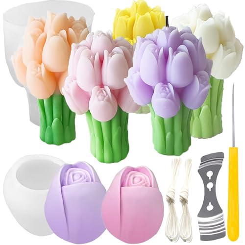 Nimozekd 2 Pcs Tulip Bouquet & Flower Silicone Candle Molds with Mold Punch, Candlewick Hook, Needle for Candle Making, Soap Making, Home Decorating