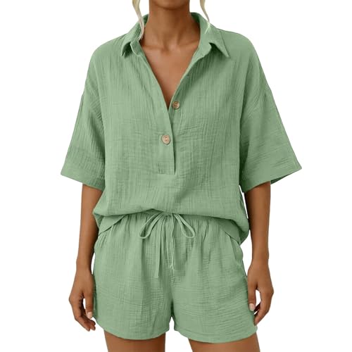 Conjunto casual de dos piezas para mujer de camisa y pantalones cortos cómodos de verano lisos