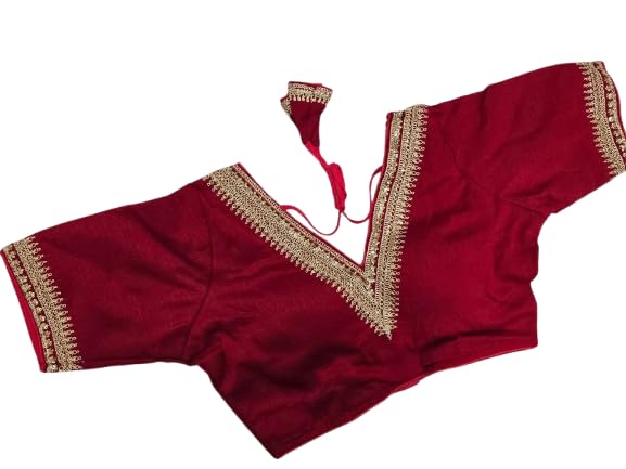 Vichitra Silk Saree Blouse, V-Cut Neck, Gold Border Sleeves, Padded, Ethnic Wear, Traditional Blouse, Choli, Trendy Blouse,-image-30