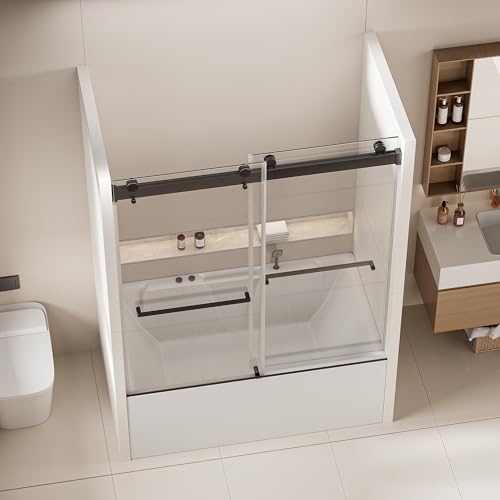 LOPOO Frameless Double Sliding Tub Door, Soft Closing, Matte Black, 56-60 in. W x 62 in. H