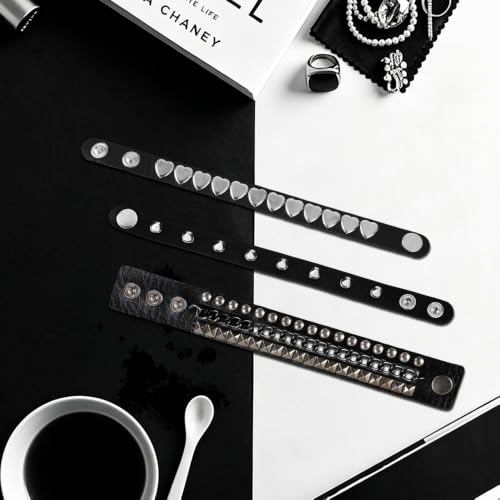 DTUIEUI Lot de 3 bracelets cloutés punk rock emo gothique à rivets en cuir pour rave bijoux de bras style années 80 Grunge Punk Goth Halloween Noël fête accessoires pour homme et femme – vue 6