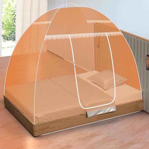 Image of Single Bed Mosquito Net Foldable, Lightweight Polyester 30GSM Strong Foldable Machardani (Orange Color, 3feet x 6feet)