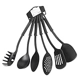 Kitchen Utensils Set 6 Pcs 30cm Non-Stick Cooking Slotted Spoons Turners Spatula Soup Ladle Pasta Fork & Spaghetti Serving Spoon Set Dishwasher Safe Kitchen Tools (Black)