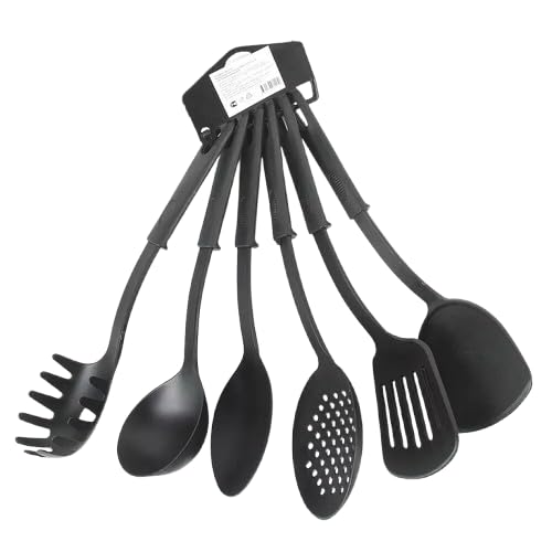 Kitchen Utensils Set 6 Pcs 30cm Non-Stick Cooking Slotted Spoons Turners Spatula Soup Ladle Pasta Fork & Spaghetti Serving Spoon Set Dishwasher Safe Kitchen Tools (Black)