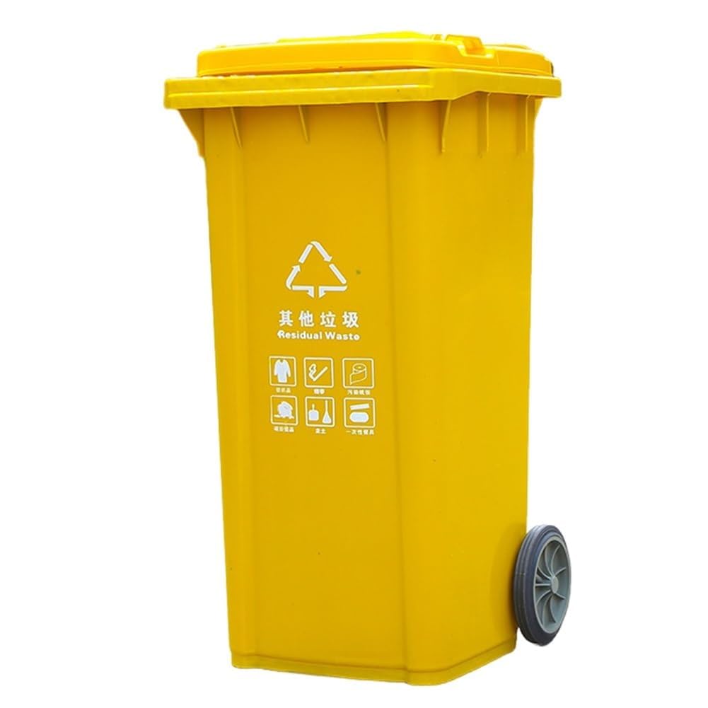 Zewnętrzny kosz na śmieci duży kosz na śmieci, zewnętrzny kosz na śmieci z kółkami i pokrywką, 30 l, 50 l, 100 l, 120 l, duży kosz na śmieci do kuchni, na werandę, podwórko, taras, patio, żółty, 120 l