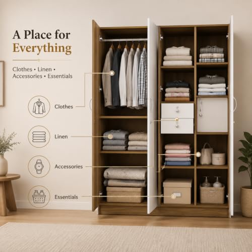 Image of Nexus Multipurpose 4-Door Wardrobe | Engineered Wood | Spacious Closet Storage | Lyon Teak & White Finish | Sturdy & Durable | Easy Knock-Down Assembly