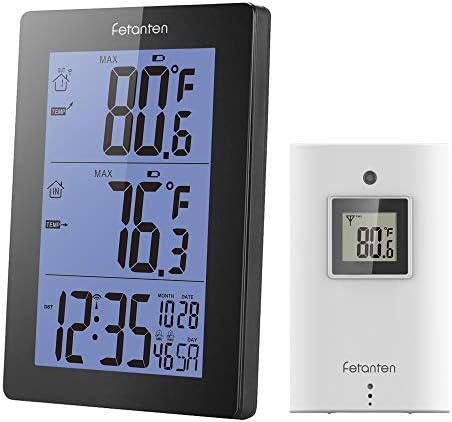 Fetantenclock Wireless Indoor Outdoor Thermometer Digital Weather Station with Outdoor Sensor Shows Temperature & Temp. Trend, Alarm, Calendar (Black)