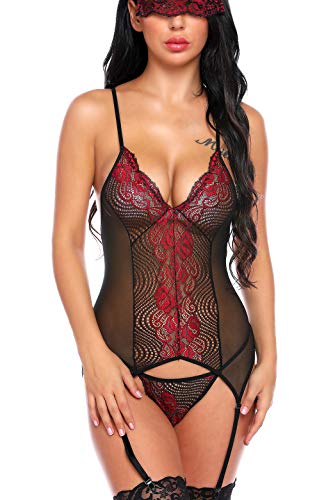 Gladiolus Red Lace Lingerie for Women Sexy See Though Teddy Bodysuit with Garters Belt Red L