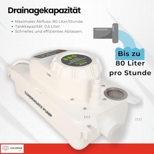 GOLDMAN SERVICE Automatische Kondensatpumpe für Klimaanlage, leise, Wasserablauf und Abfluss, Durchfluss 80 Liter/Stunde